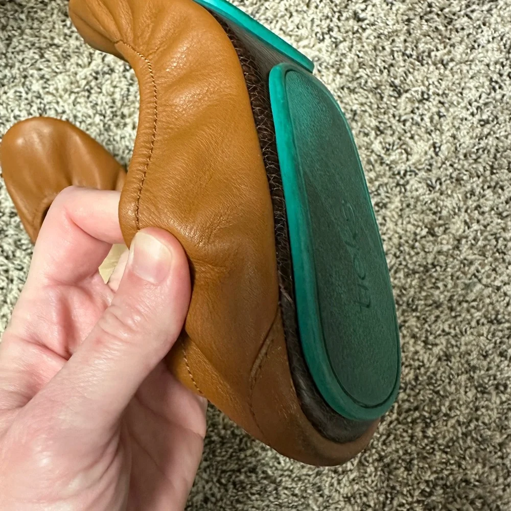 Tieks Tan Leather Ballet Flats with Teal Stripe - Picture 3 of 4